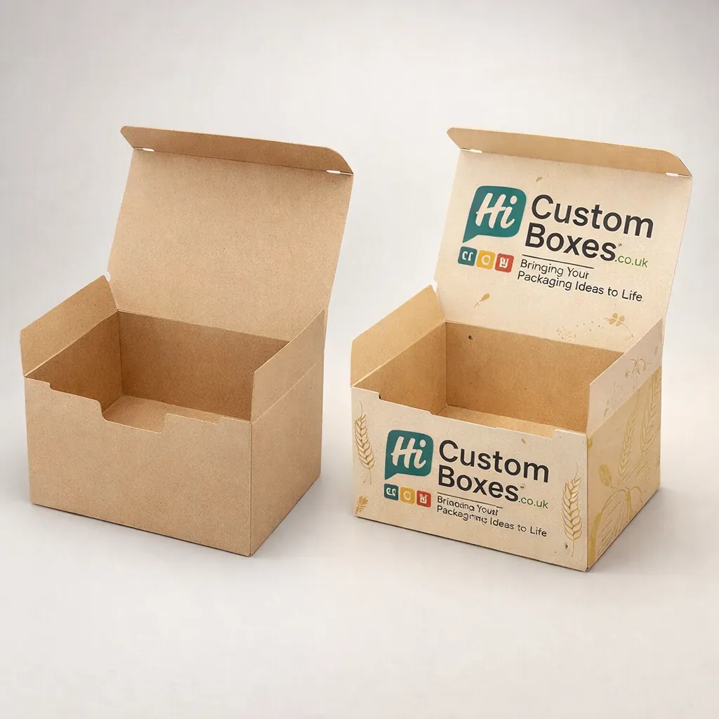 Two eco-friendly kraft paper bread boxes with flip-top lids, one featuring bespoke green and brown branding. class=